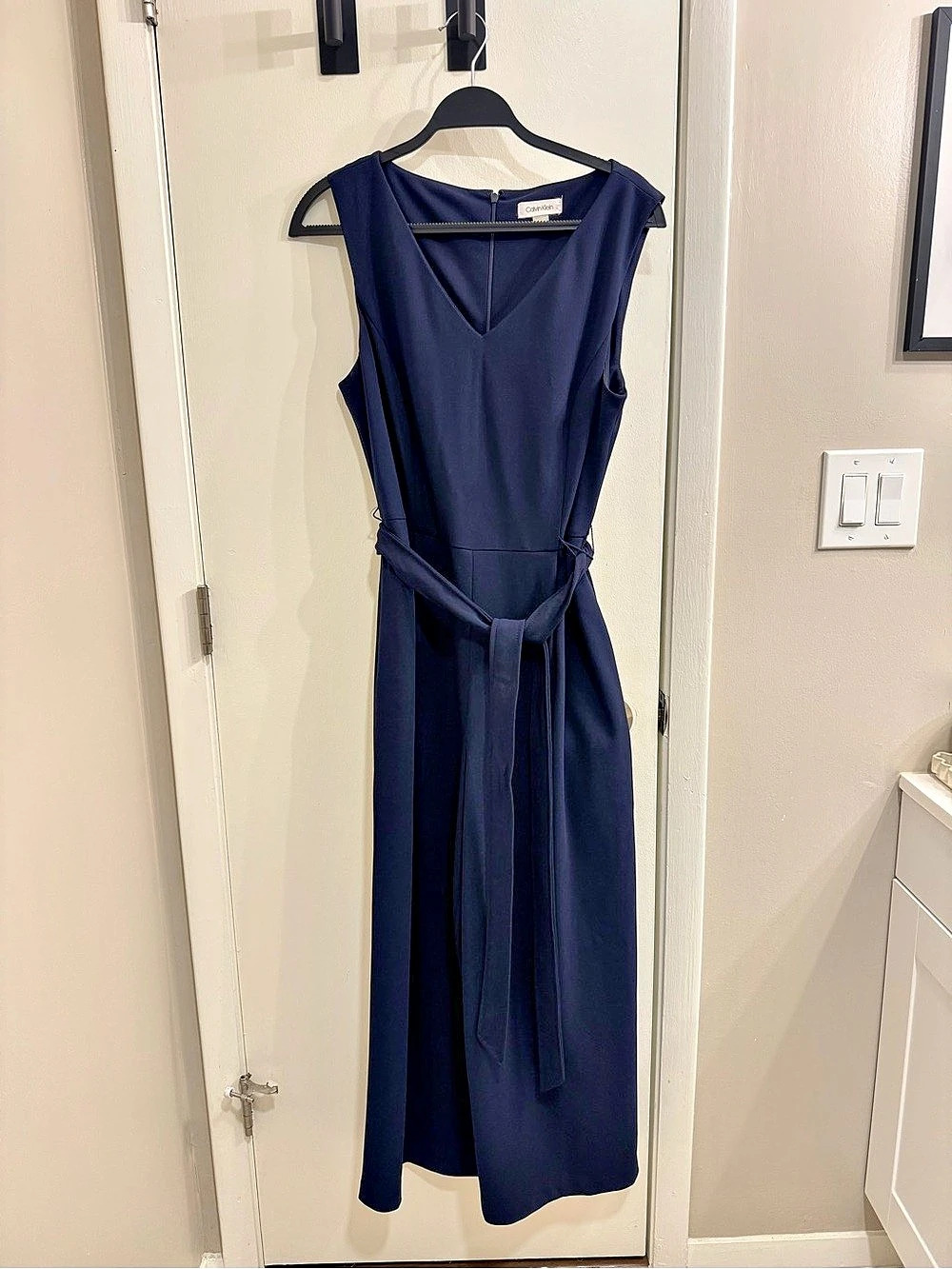 Calvin Klein V-Neck Self-Belt Waist Sleeveless Wide-Leg Jumpsuit in Navy Blue